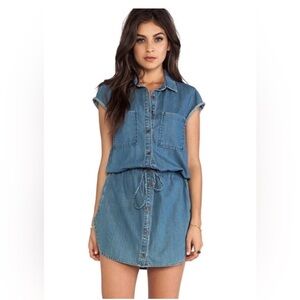 PAIGE Casual Mila Cap SLV Drawstring Cotton Denim Chambray Mini Shirtdress M